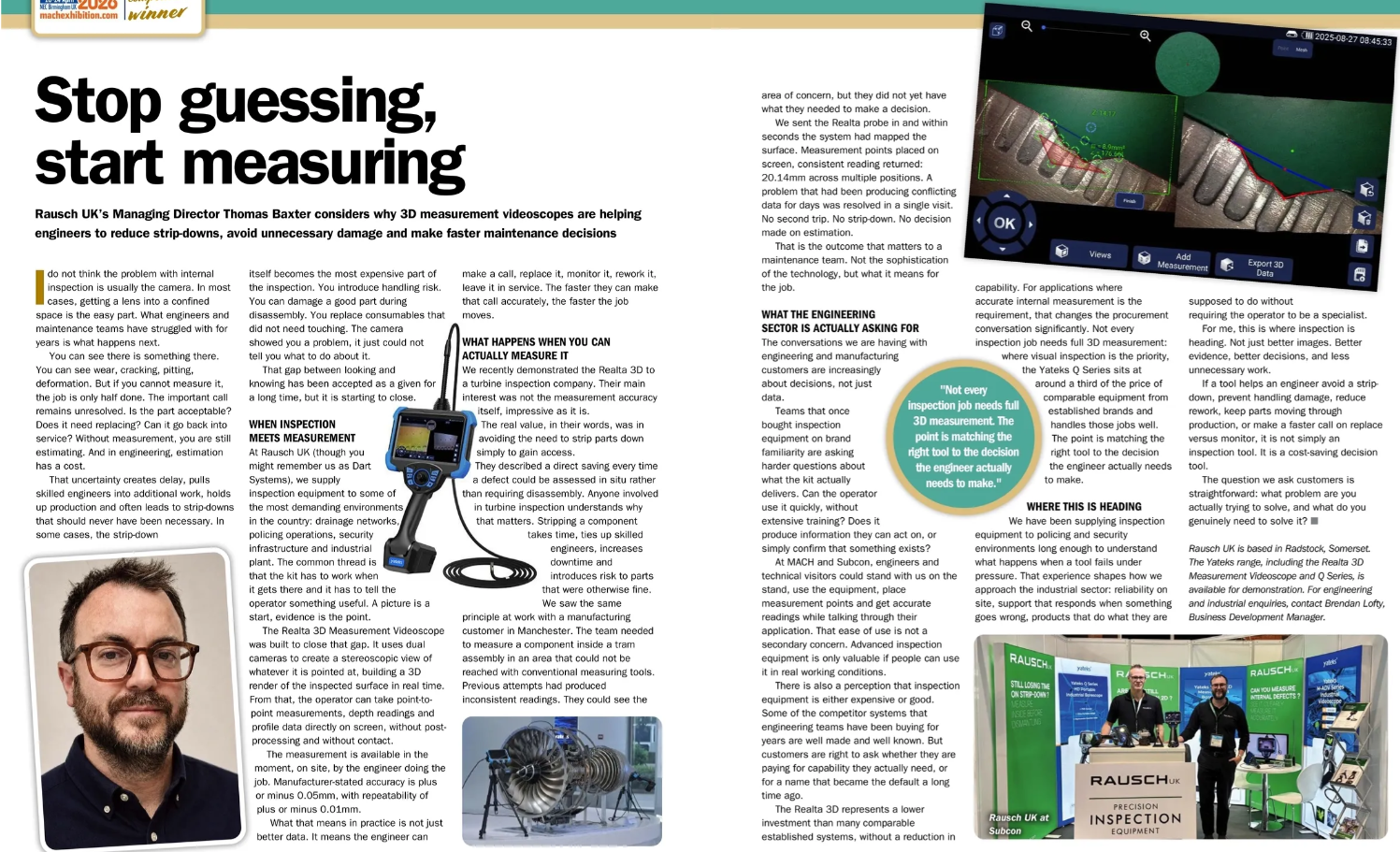 Rausch UK 3D measurement videoscope feature in MACHINERY magazine