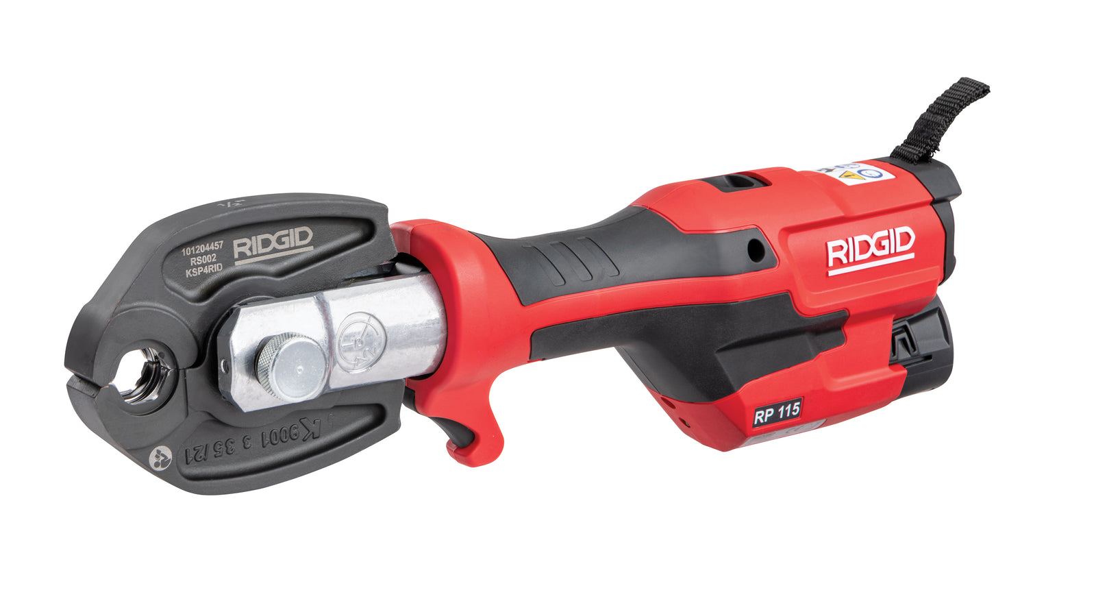 RIDGID RP 115 micro-Press Tool Kit (Tool, Case, 12V 2.5Ah Battery, 230V Fast-Charger and M15-18-22 micro-Press Jaws) – three-quarter view | 76948