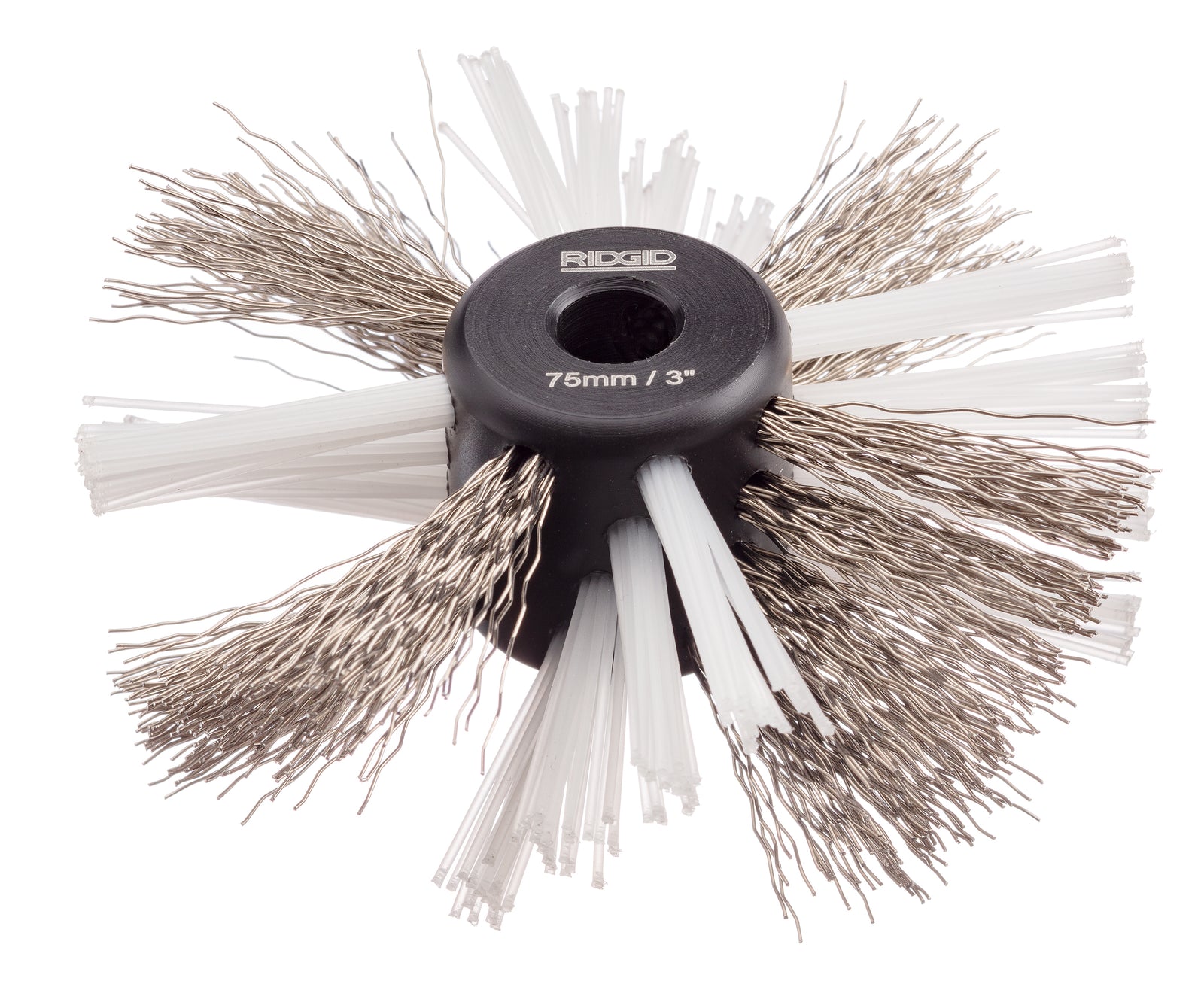RIDGID 3" (80mm) nylon/steel brush for 5/16" (8mm) cable with nylon and steel strings – three-quarter view | 68978