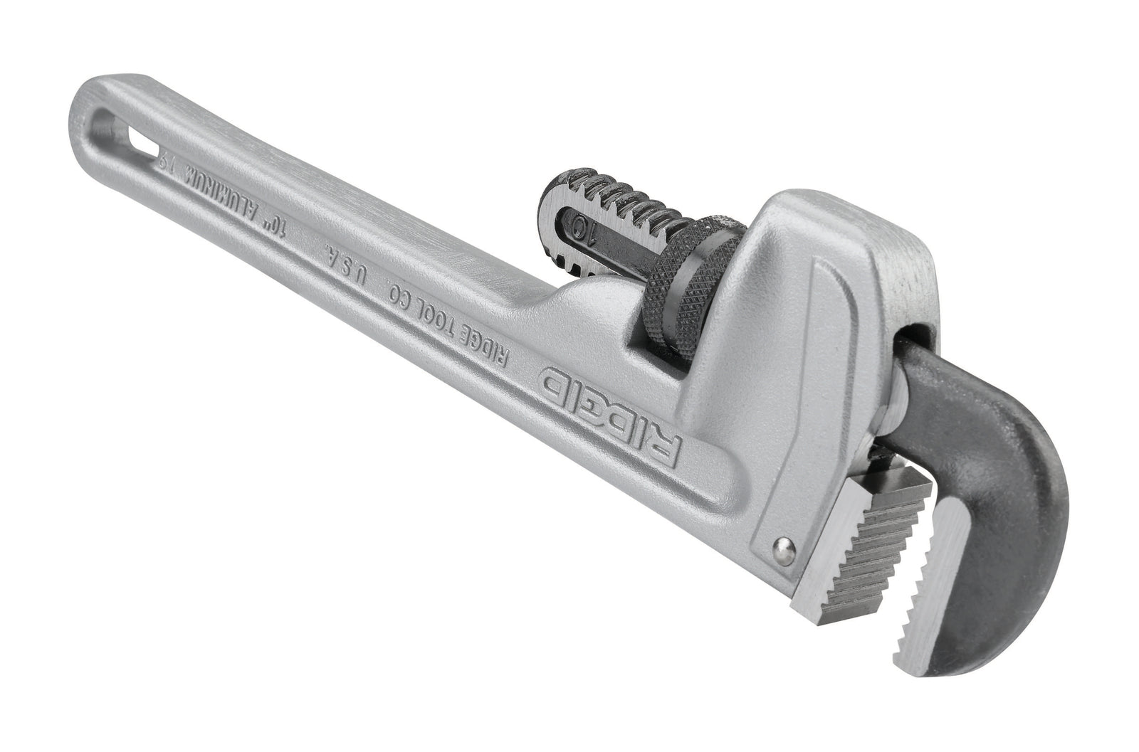 RIDGID 10" Aluminum Straight Pipe Wrench – three-quarter view | 31090