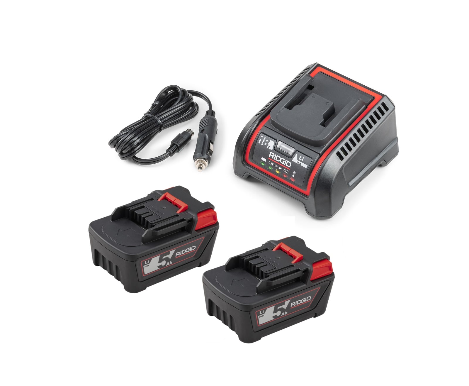 RIDGID Set of 2 18 V Advanced Lithium Batteries and 1 Charger (230V) – three-quarter view | 45433