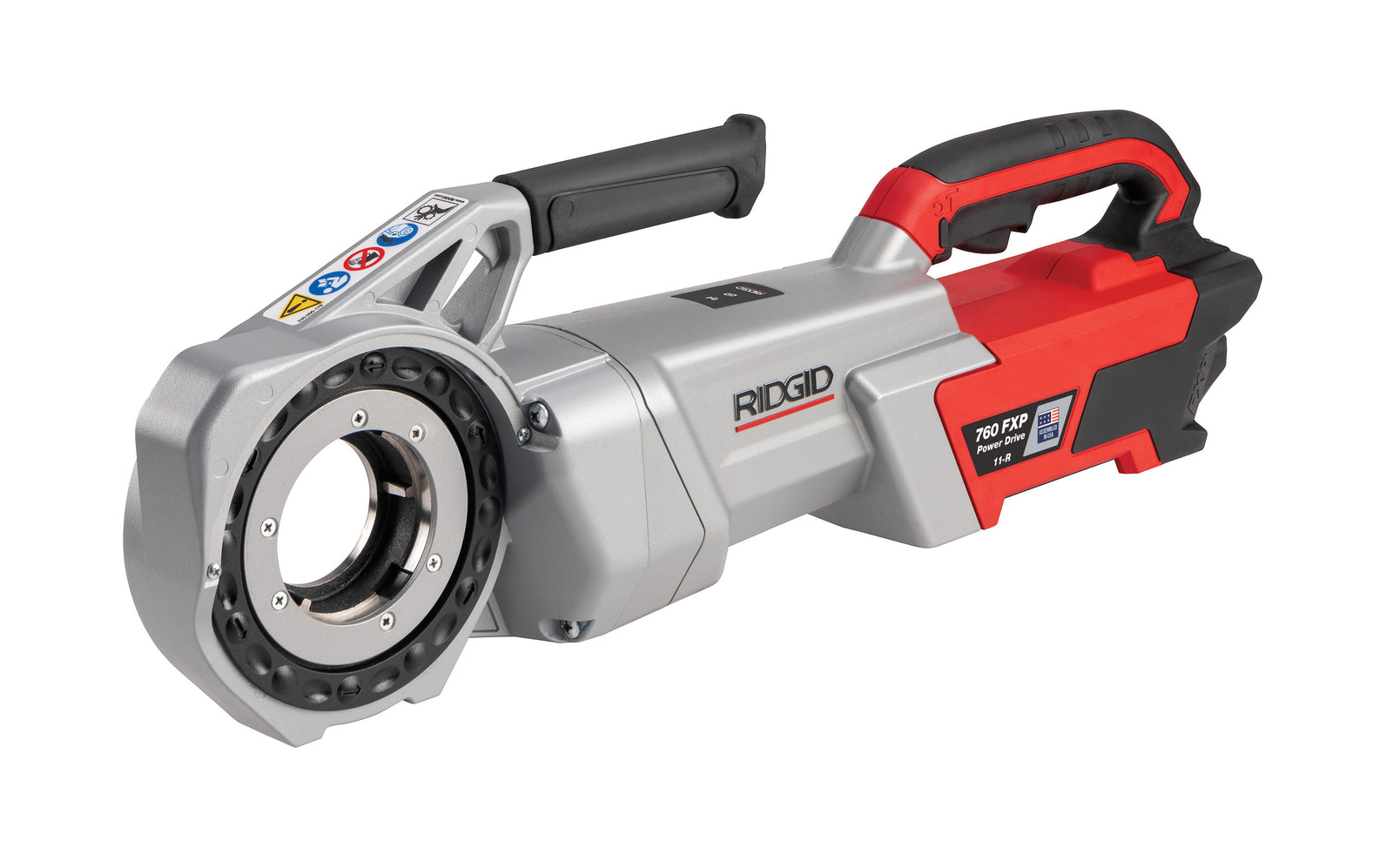 RIDGID 760 FXP Power Drive (11-R), 2x 4Ah FXP Batteries, FXP Charger, 1/2-2" 11-R BSPT Die Head Set, Support Arm, Case – three-quarter view | 72088